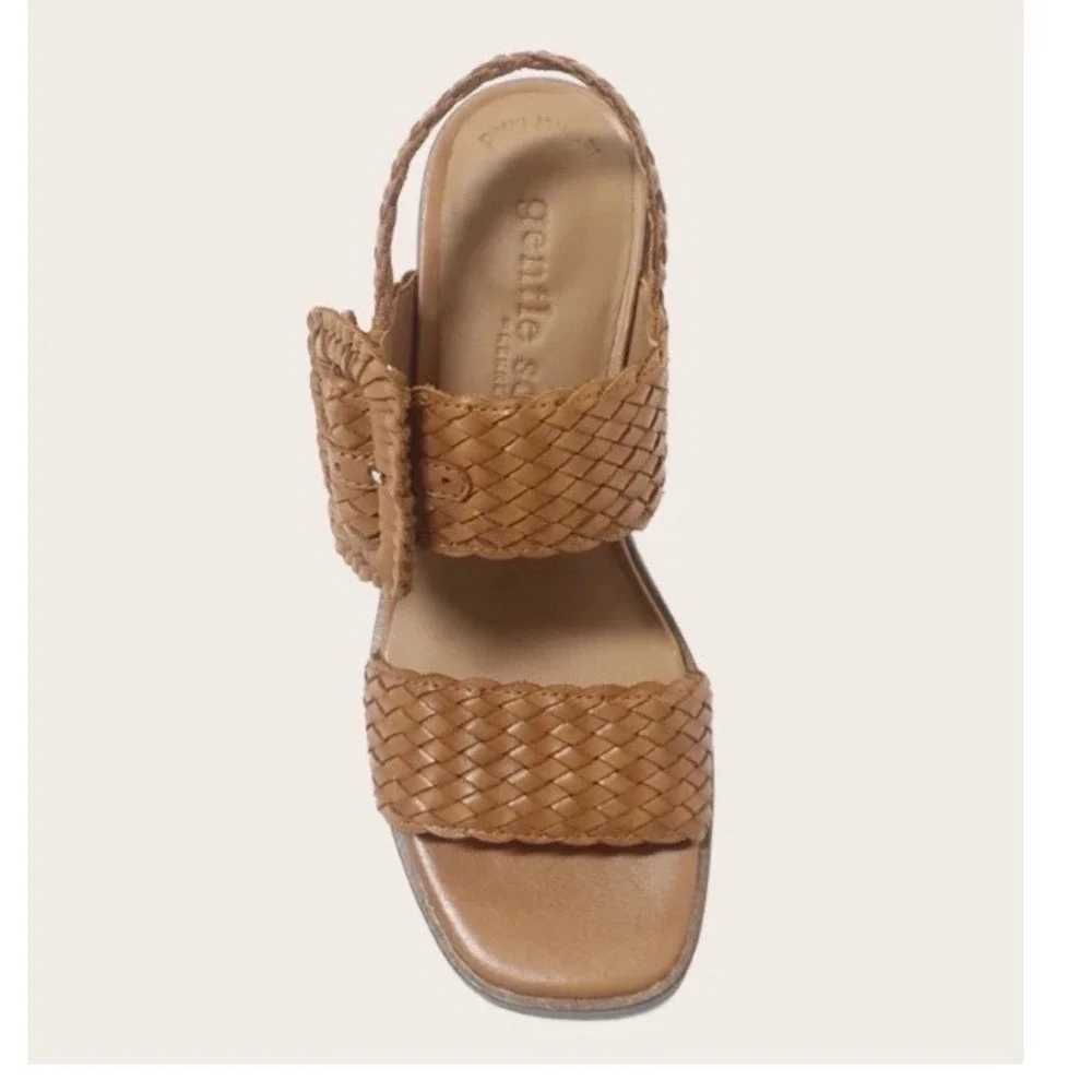 Gentle Souls Madylyn woven Leather Block Heel Sandals Cognac Brown Size 9
